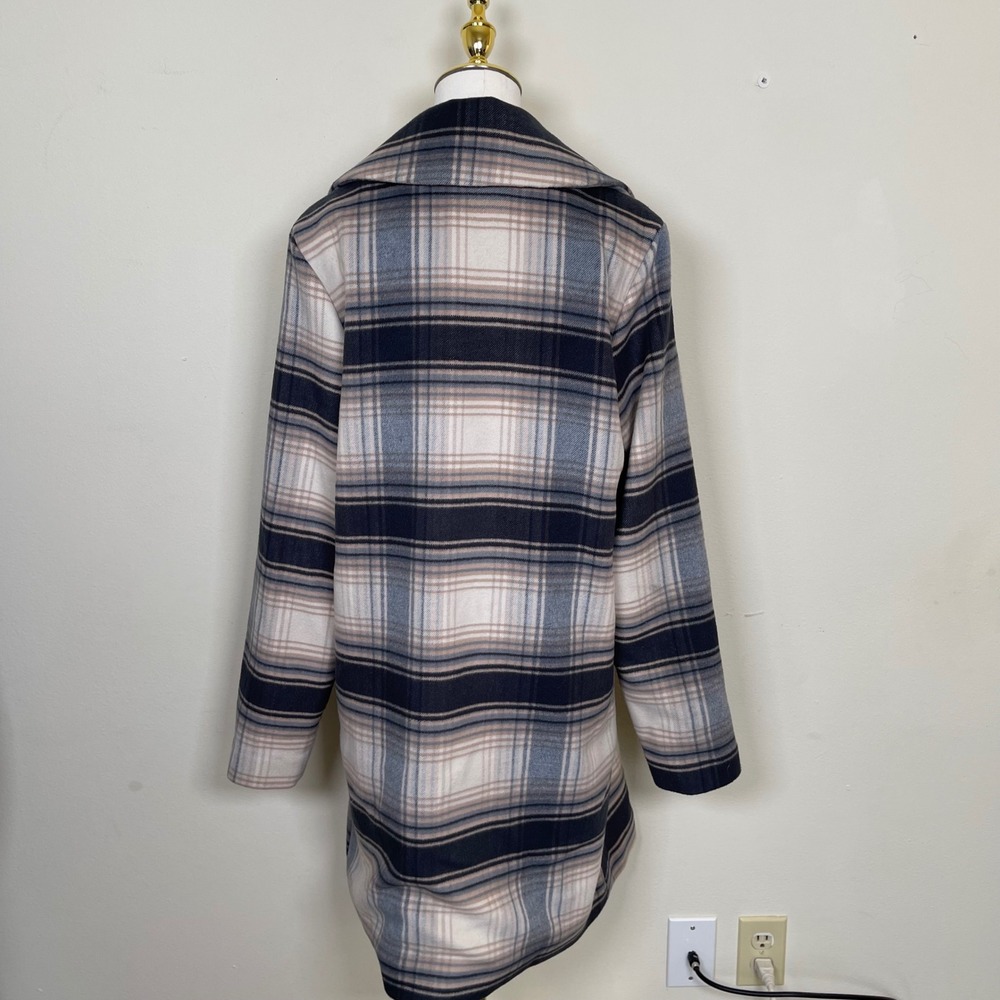Hollister Plaid Double Breasted Trench Pea‎ Coat Womens M Beige Blue Gray Lined - Picture 6 of 10